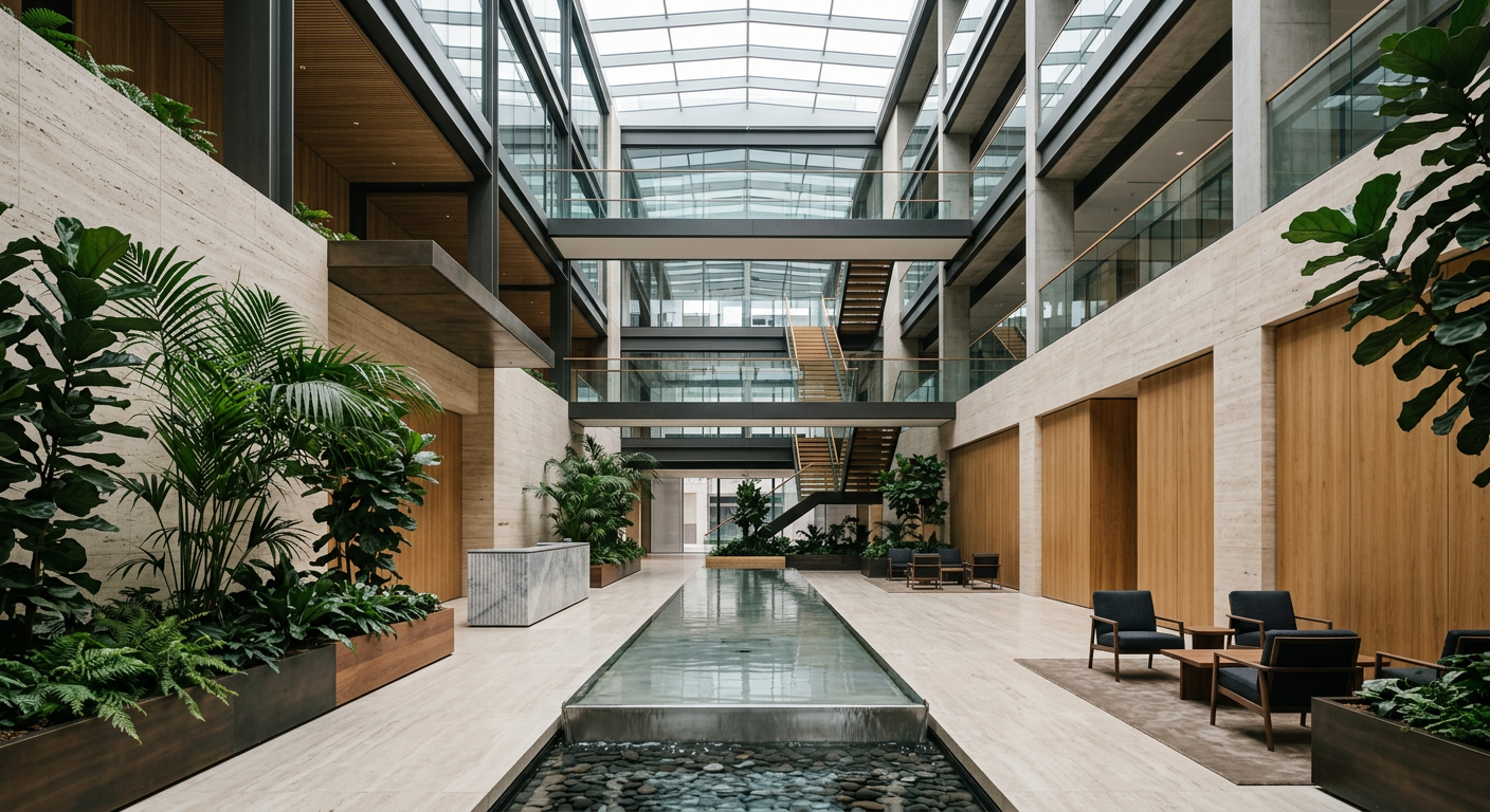 Luxury architectural interior with water feature and natural light representing refined design perspective and curated environments