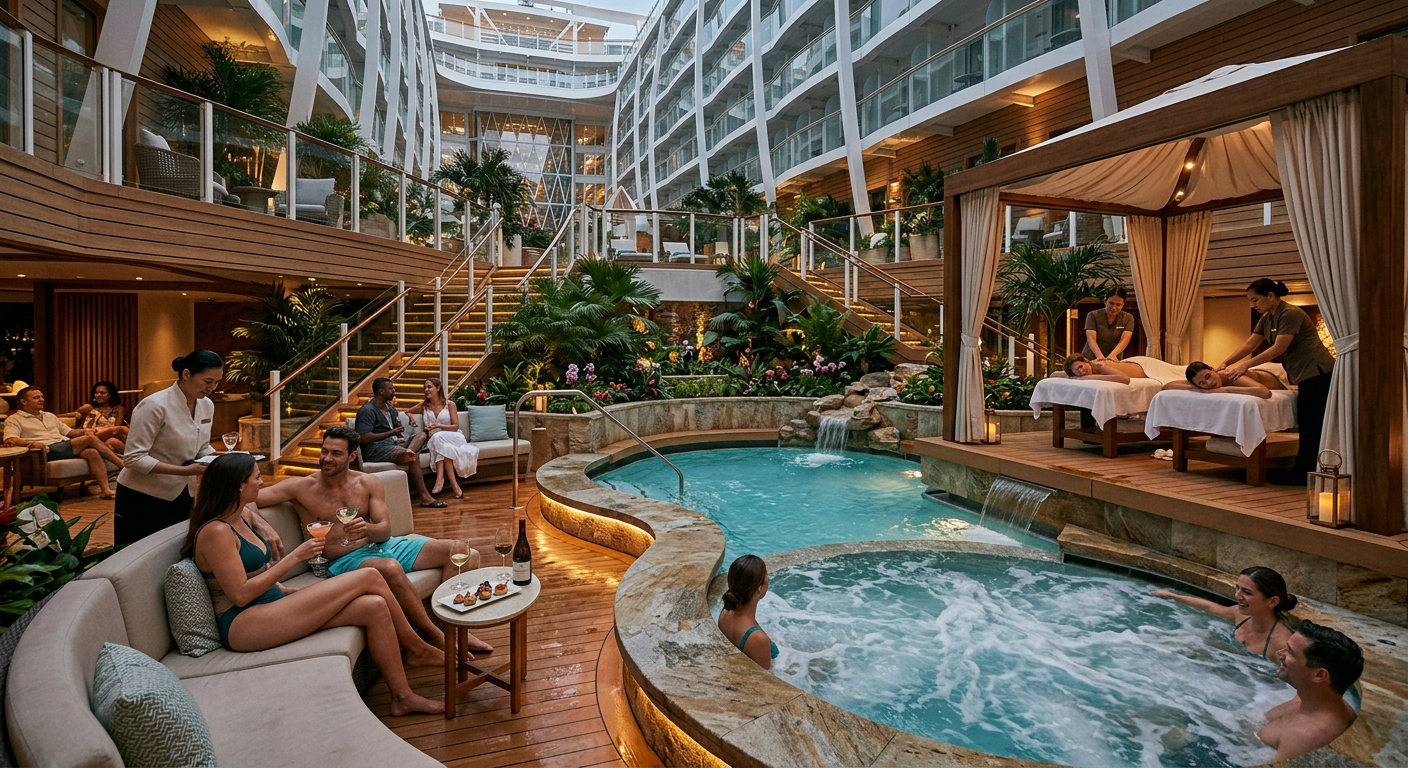 Luxury outdoor hospitality environment with integrated pool, spa, food and beverage service, and wellness experiences in use